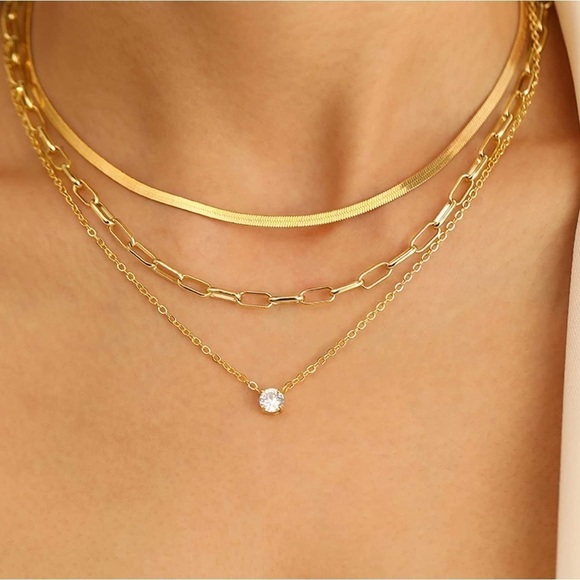 GOLD 14k Plated 3pc CZ Diamond Necklace Set - Picture 1 of 3